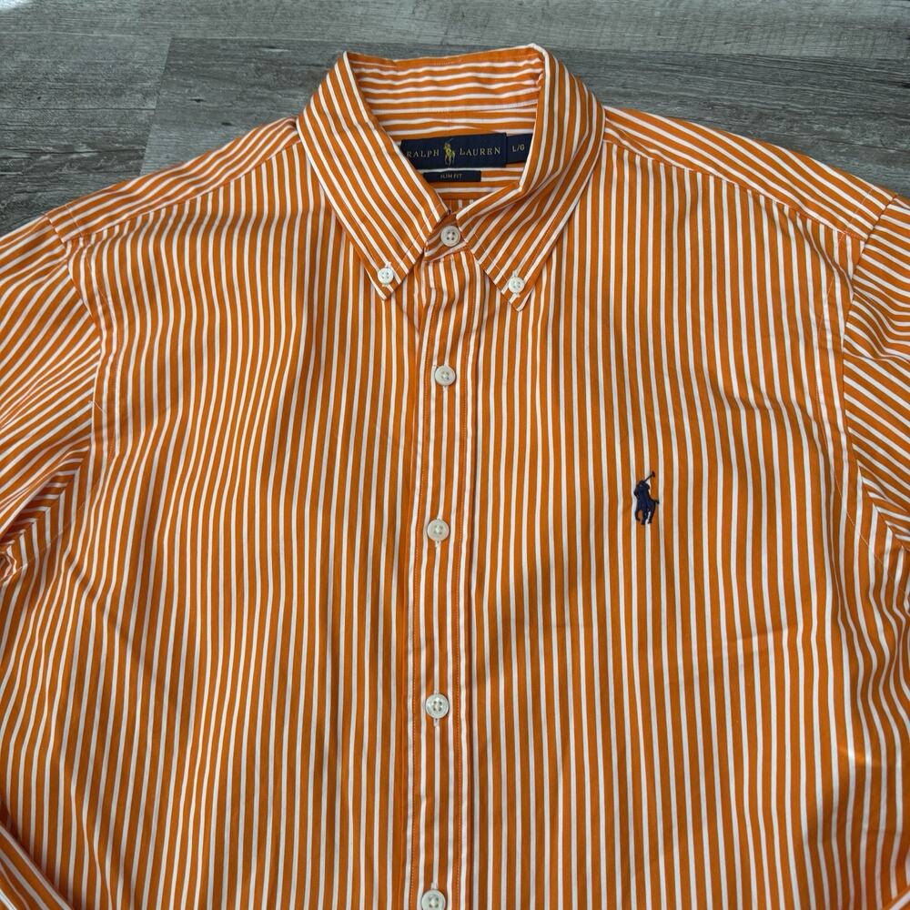 Ralph Lauren Shirt Mens Large Orange Stripe Slim Fit Long Sleeve Button Up